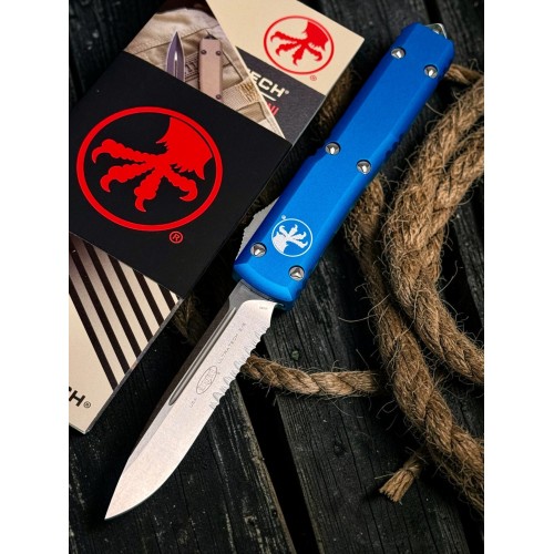 Нож складной MicroTech MCT12111BL Ultratech, PartSerrated StoneWash Blade, Blue Handle Нож складной MicroTech MCT12111BL Ultratech, PartSerrated StoneWash Blade, Blue Handle