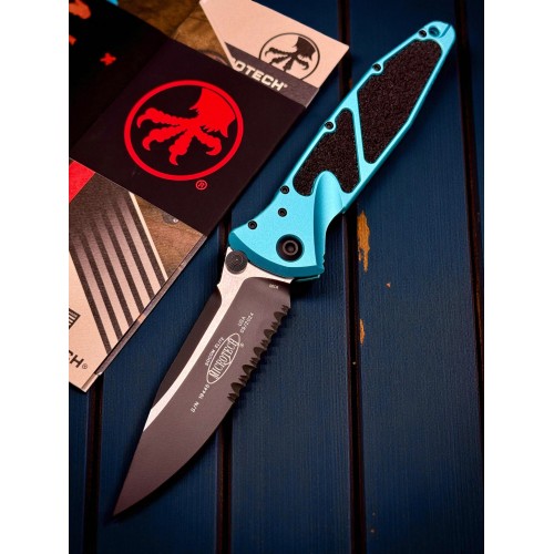 Нож складной MicroTech MCT1602TQ Socom Elite, Black Part Serrated Turquoise Handle