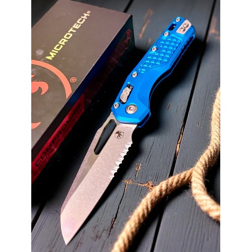 Нож складной MicroTech MCT21011FRBL MSI, Part Serrated StoneWash Blade, Blue Aluminium Handle