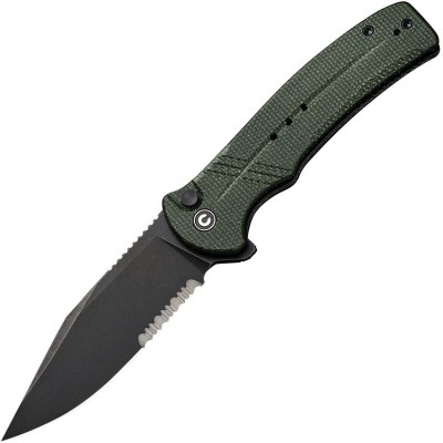 Нож складной Civivi C20038E-4 Cogent, Black Stonewashed 14C28N Part Serrated Blade, Green Micarta Handle